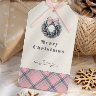 Elegant Pink Coquette Xmas Wreath Preppy Plaid Gift Tags