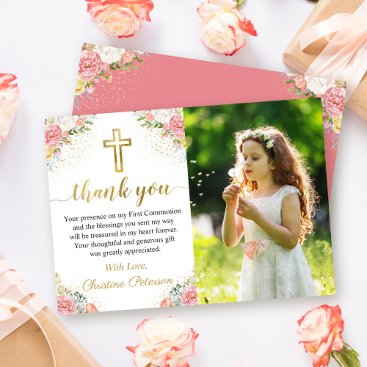 Elegant Pink Coral Floral 1st Holy Communion Photo Thank You Card