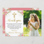 Elegant Pink Coral Floral 1st Holy Communion Photo Thank You Card