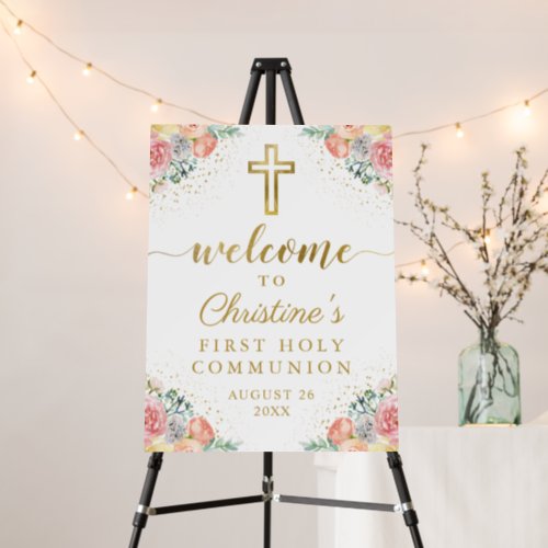 Elegant Pink Coral Floral First Holy Communion Foam Board