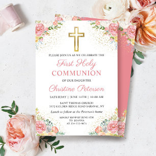 Elegant Pink Coral Floral First Holy Communion Invitation