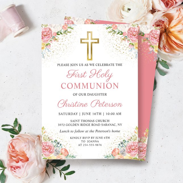 Elegant Pink Coral Floral First Holy Communion Invitation (Creator Uploaded)