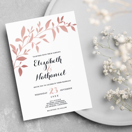 Elegant pink coral floral foliage white wedding  invitation