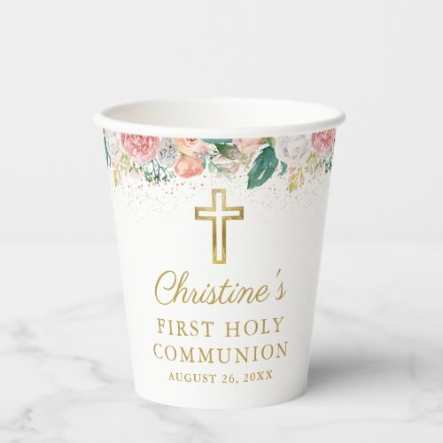 Elegant Pink Coral Floral Girl 1st Holy Communion Paper Cups