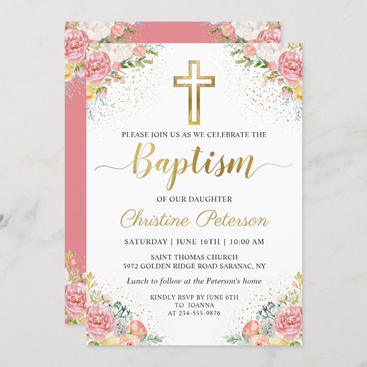 Elegant Pink Coral Floral Gold Glitter Baptism Invitation | Zazzle