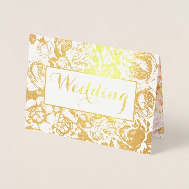 Elegant Pink, Coral Gold Foil Rose Wedding Foil Card (Front)