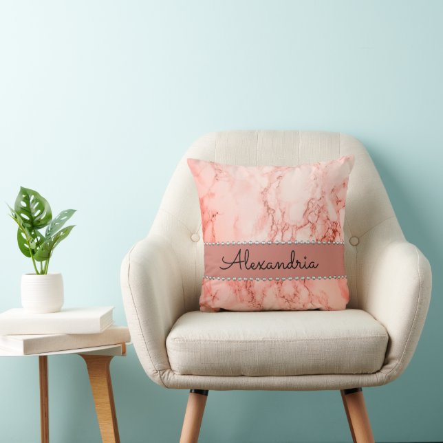 Elegant Pink Coral Marble Personalized Throw Pillow (Chair)