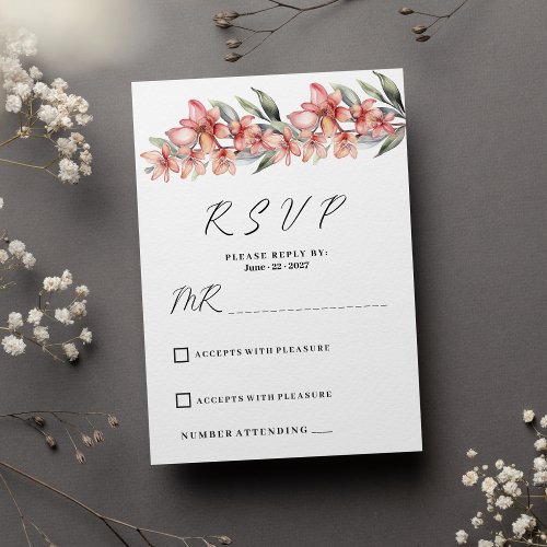 Elegant pink coral mint orchid floral RSVP  Invitation