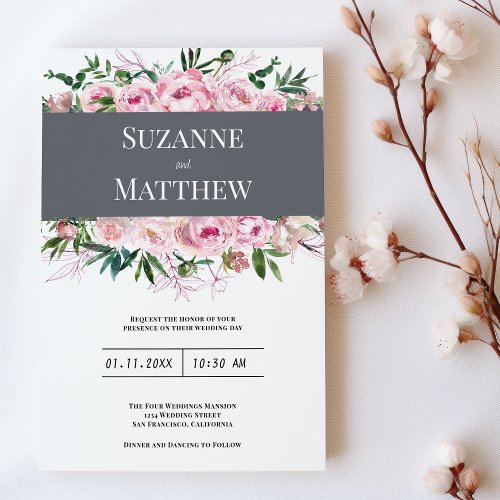 Elegant pink coral peony floral summer wedding invitation