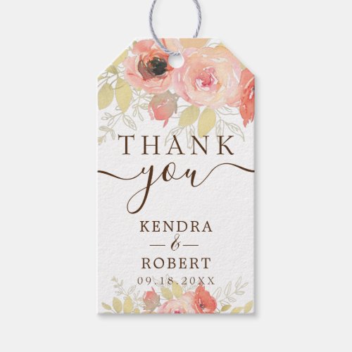 Elegant Pink Coral Rose Gold Leaves Floral Wedding Gift Tags