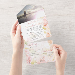 Elegant Pink Coral Secret Rose Garden Wedding All In One Invitation