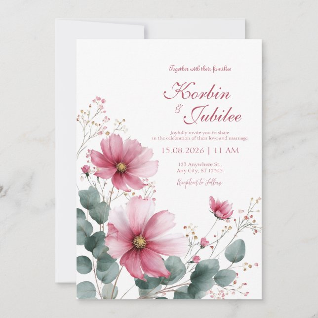 Elegant Pink Cosmos Eucalyptus Watercolor Invitation (Front)