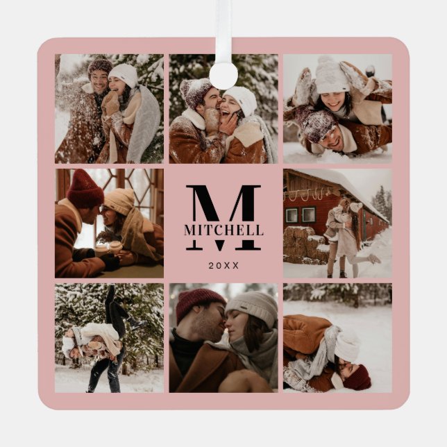 Elegant Pink Couple Photo Collage | Monogram Gift Metal Ornament (Front)