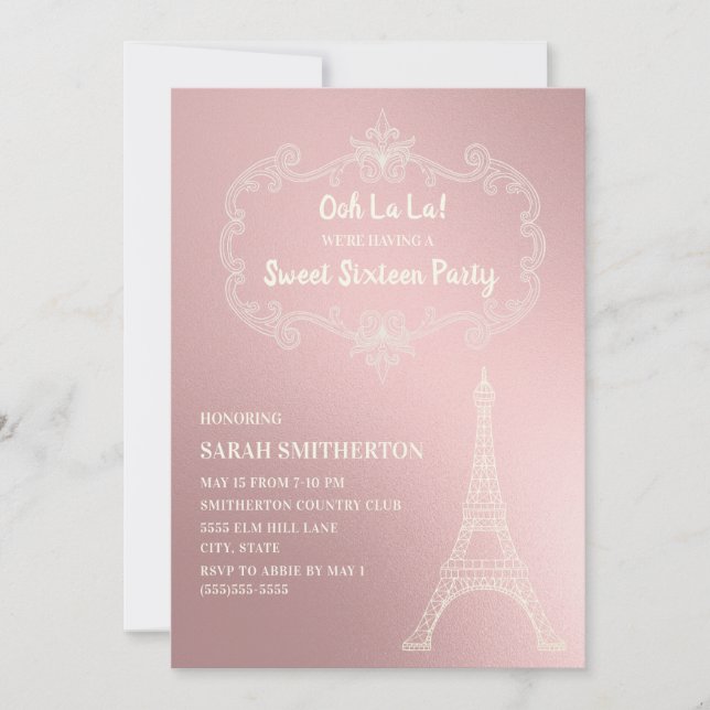 Elegant Pink Cream Eiffel Tower White Sweet 16 Invitation (Front)