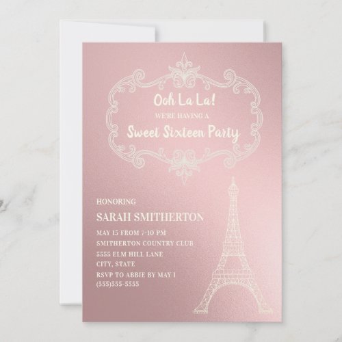 Elegant Pink Cream Eiffel Tower White Sweet 16 Invitation