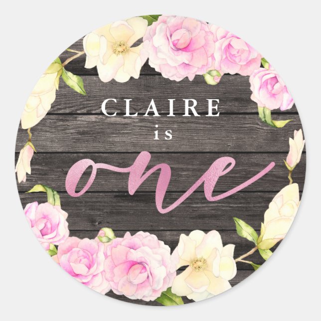 Elegant Pink Cream Floral 1st Birthday Party Favor Classic Round Sticker (Front)