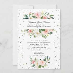 Elegant Pink Cream Floral Gold Confetti Wedding Invitation