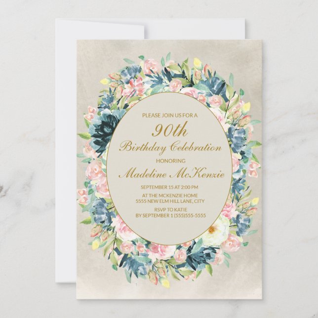 Elegant Pink Cream Floral Greenery 90th Birthday Invitation (Front)