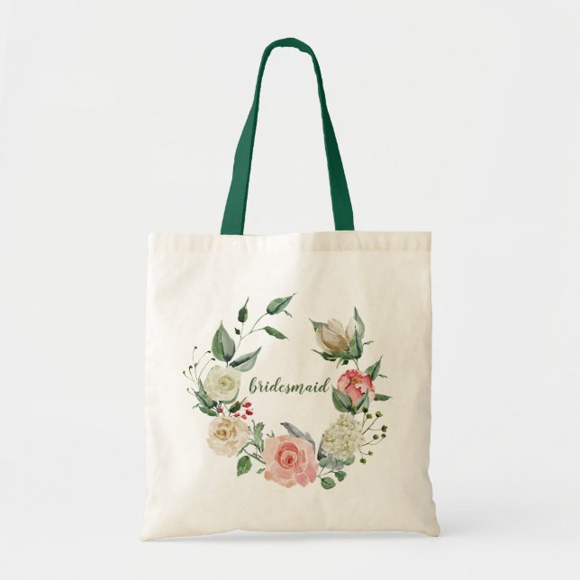 Elegant Pink Cream Rose Bridesmaid Script Wedding Tote Bag (Front)