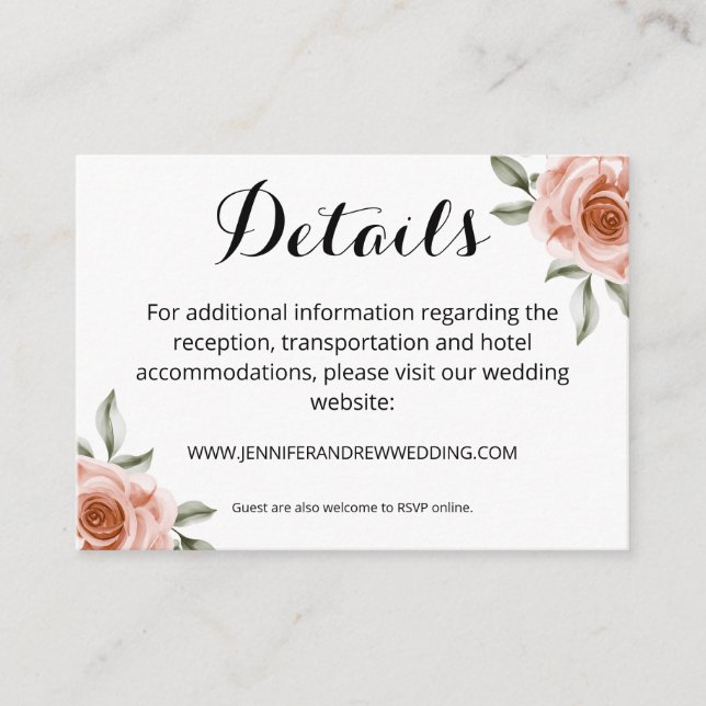 Elegant Pink Cream Roses Wedding Details Enclosure Card (Front)