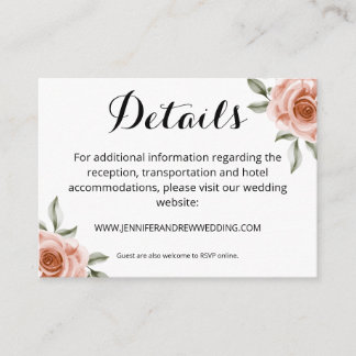 Elegant Pink Cream Roses Wedding Details Enclosure Card