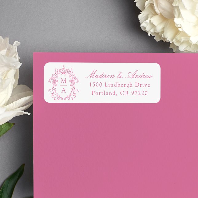 Elegant Pink Crest Monogram Wedding Return Address Label (Creator Uploaded)