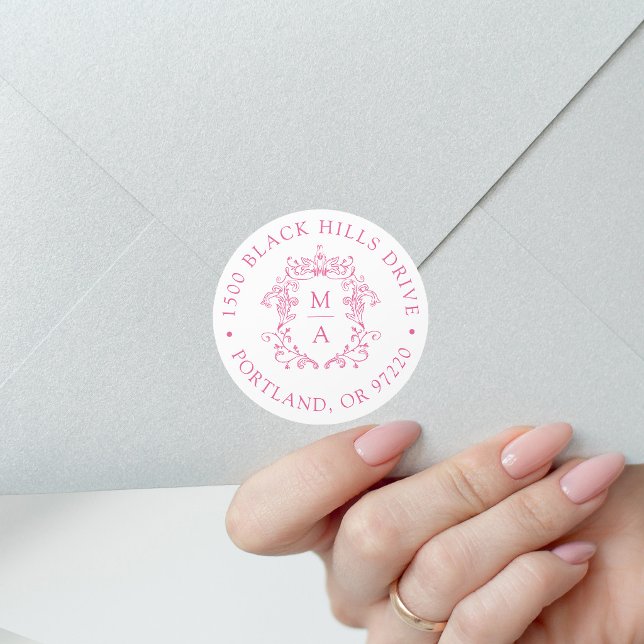 Elegant Pink Crest Wedding Return Address Classic Round Sticker (Creator Uploaded)