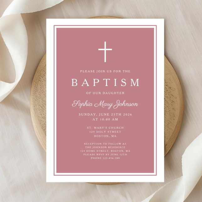 Elegant Pink Cross Baby Girl Baptism Invitation (Elegant Pink Cross Baby Girl Baptism Invitation)