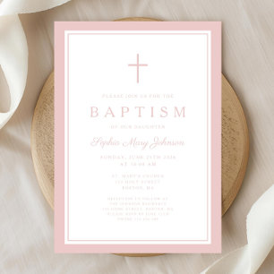 Elegant Pink Cross Baby Girl Baptism Invitation