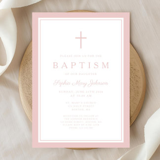 Elegant Pink Cross Baby Girl Baptism Invitation