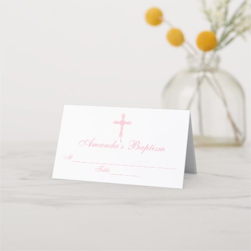 Elegant Pink Cross Baptism Custom Place Card