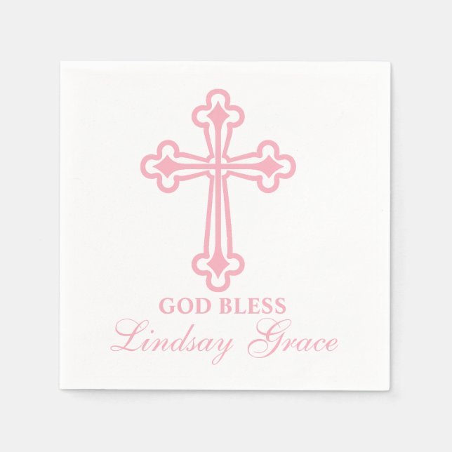 Elegant Pink Cross Baptism Personalized Napkin (Front)