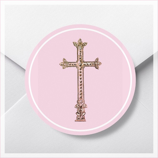 Elegant Pink Cross  Classic Round Sticker (Creator Uploaded)