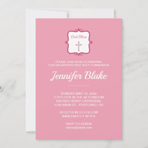 Elegant Pink Cross Girl First Communion Invitation