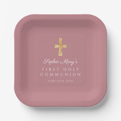 Elegant Pink Cross Girl First Communion Paper Plates
