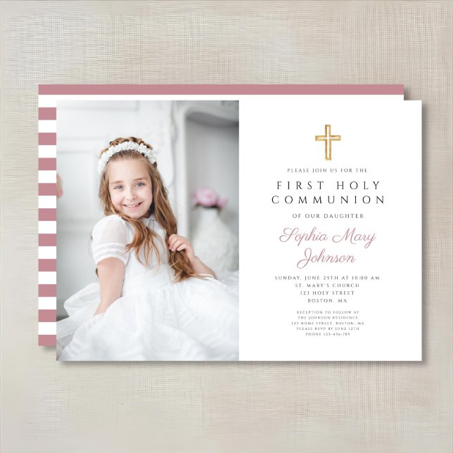 Elegant Pink Cross Girl First Communion Photo Invitation (Pink Cross Girl First Communion Photo Invitation)