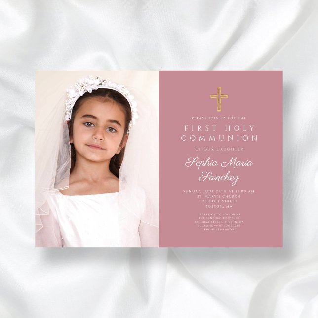 Elegant Pink Cross Girl First Communion Photo Invitation (Elegant Pink Cross Girl First Communion Photo Invitation)