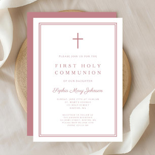 Elegant Pink Cross Girl First Holy Communion Invitation