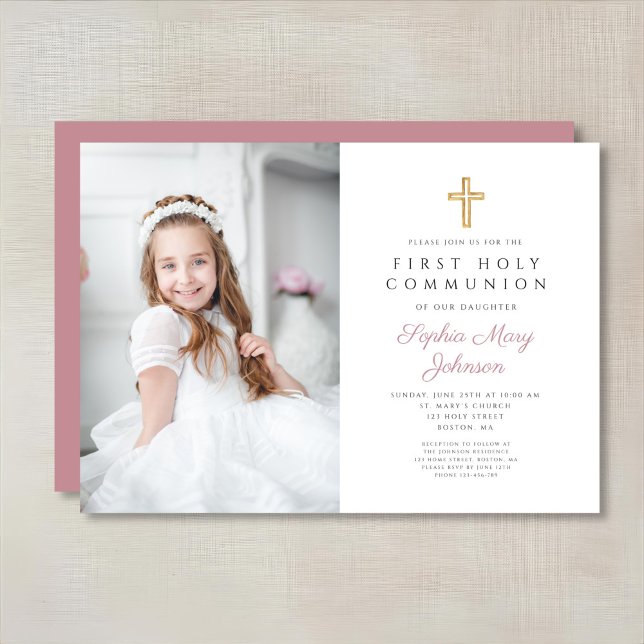 Elegant Pink Cross Girl  Photo First Communion Invitation (Pink Religious Cross Girl First Communion Photo Invitation)