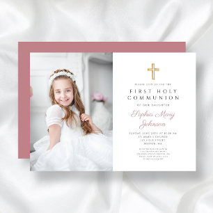 Elegant Pink Cross Girl Photo First Communion Invitation
