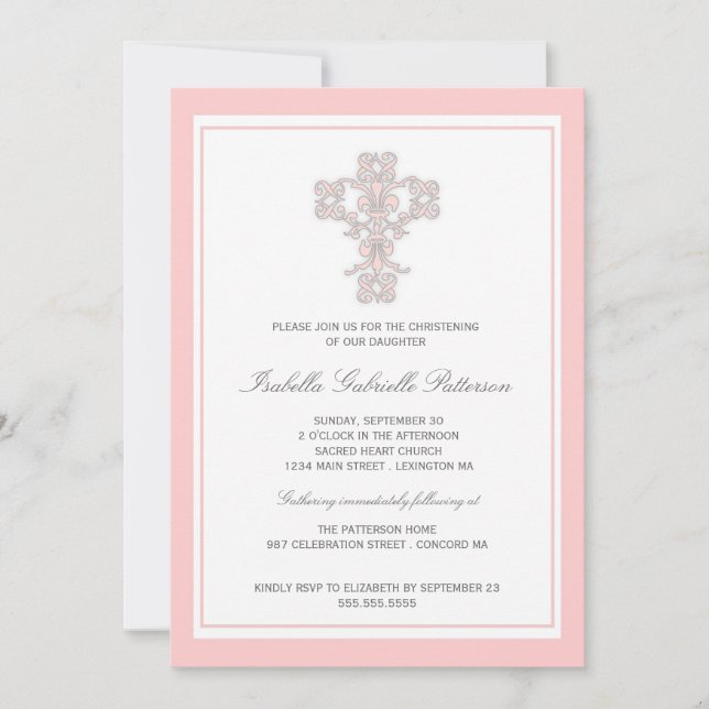 Elegant Pink Cross Girls Christening Invitation (Front)