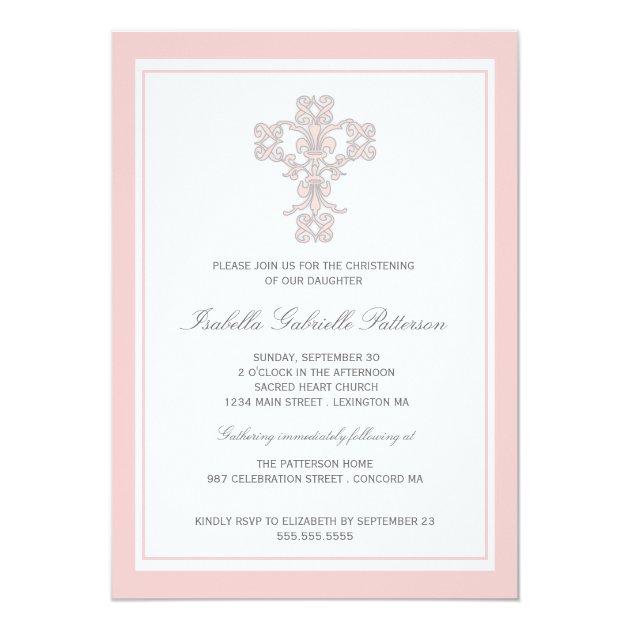 Elegant Pink Cross Girls Christening Invitation
