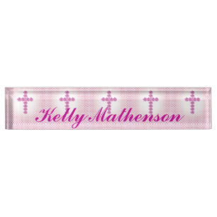 Elegant Pink Cross of Roses on Pink Dotted Name Plate