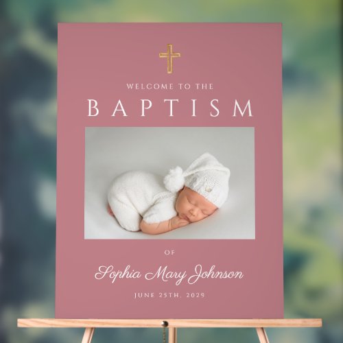 Elegant Pink Cross Photo Girl Baptism Welcome Acrylic Sign