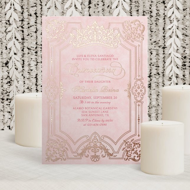 Elegant Pink Crown Tiara Quinceanera Foil Invitation (Creator Uploaded)