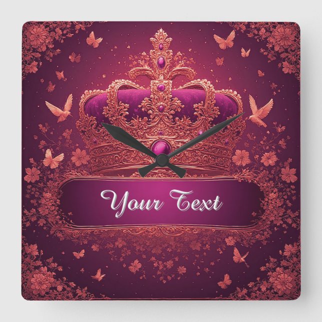 Elegant Pink Crown With Gold Embellishments Square Wall Clock (Front)