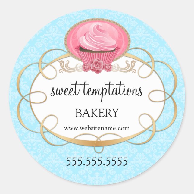 Elegant Pink Cupcake Bakery Packaging Classic Round Sticker (Front)