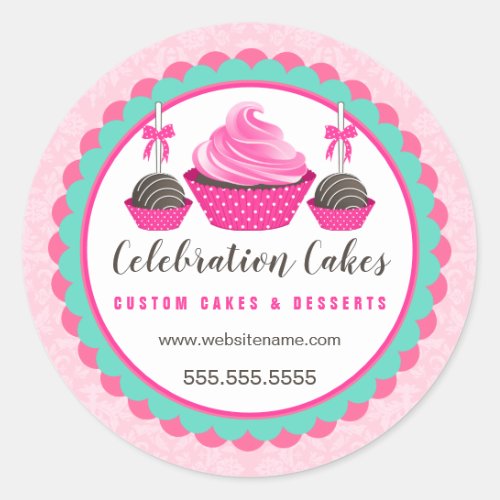 Elegant Pink Cupcake Cake Pops Scalloped Banner Classic Round Sticker