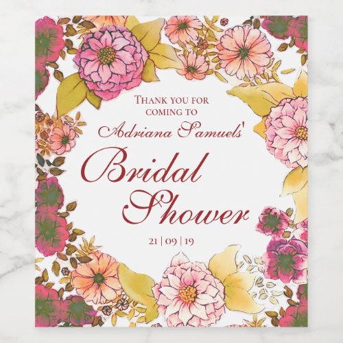 Elegant Pink Custom Floral Wreath Bridal Shower Wine Label