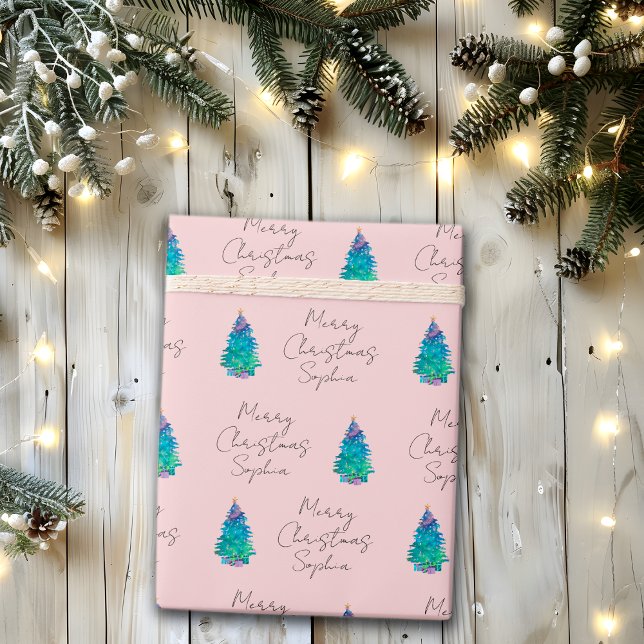 Elegant Pink Custom Merry Christmas Tree Wra Wrapping Paper (Creator Uploaded)